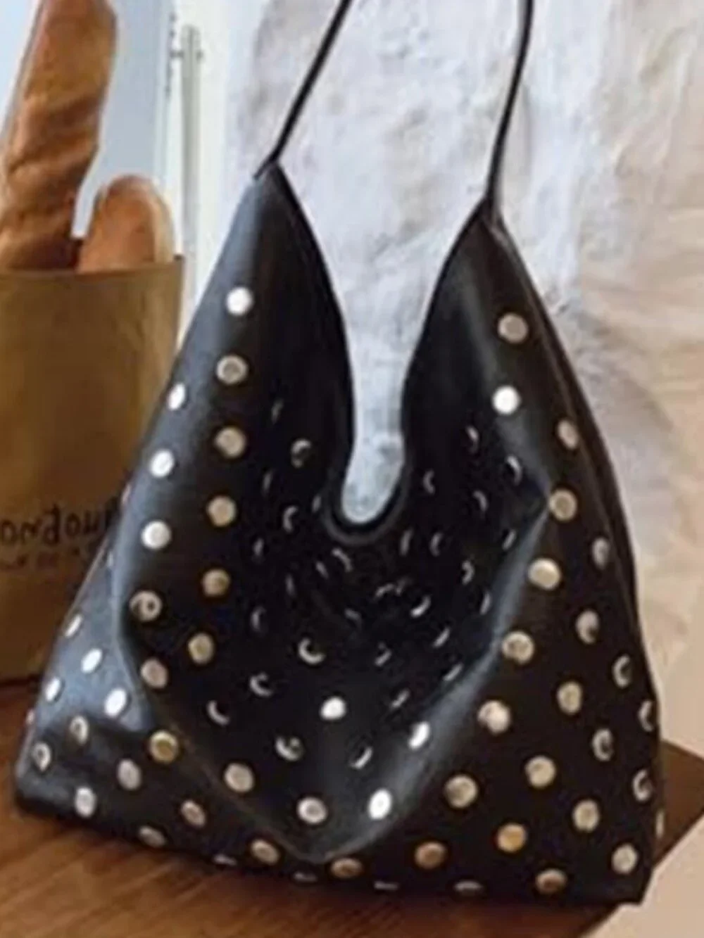 Black Studded Vegan Leather Hobo Bag Y2K Slouchy Punk Shoulder Purse